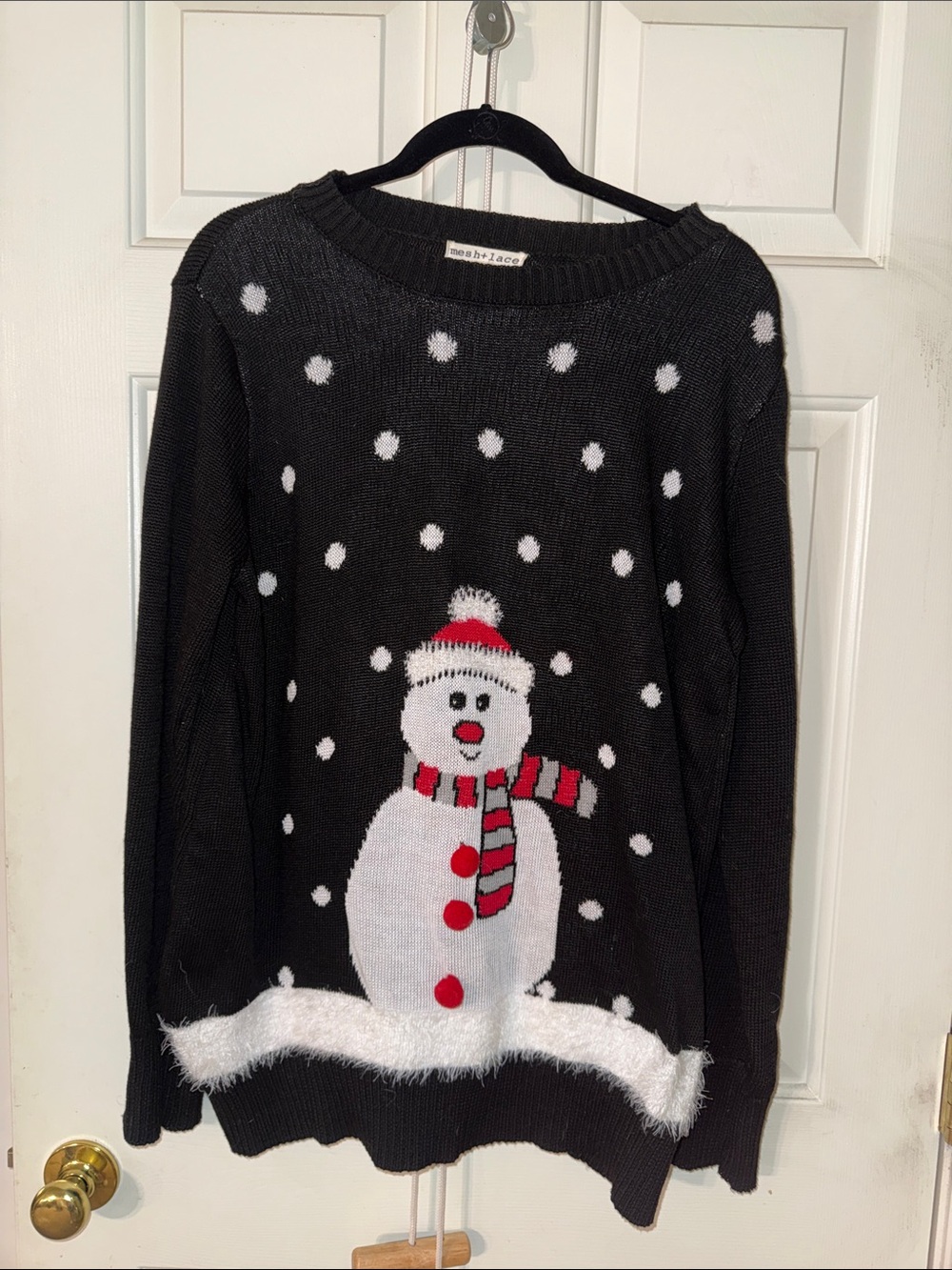 Black Snowman Crewneck Sweater with Festive Red Accents
